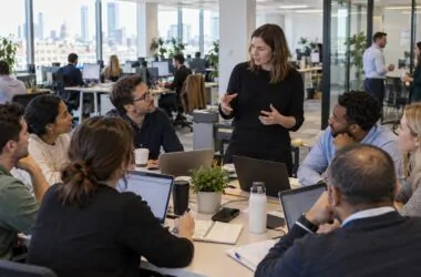 colleagues holding a meeting in a busy office